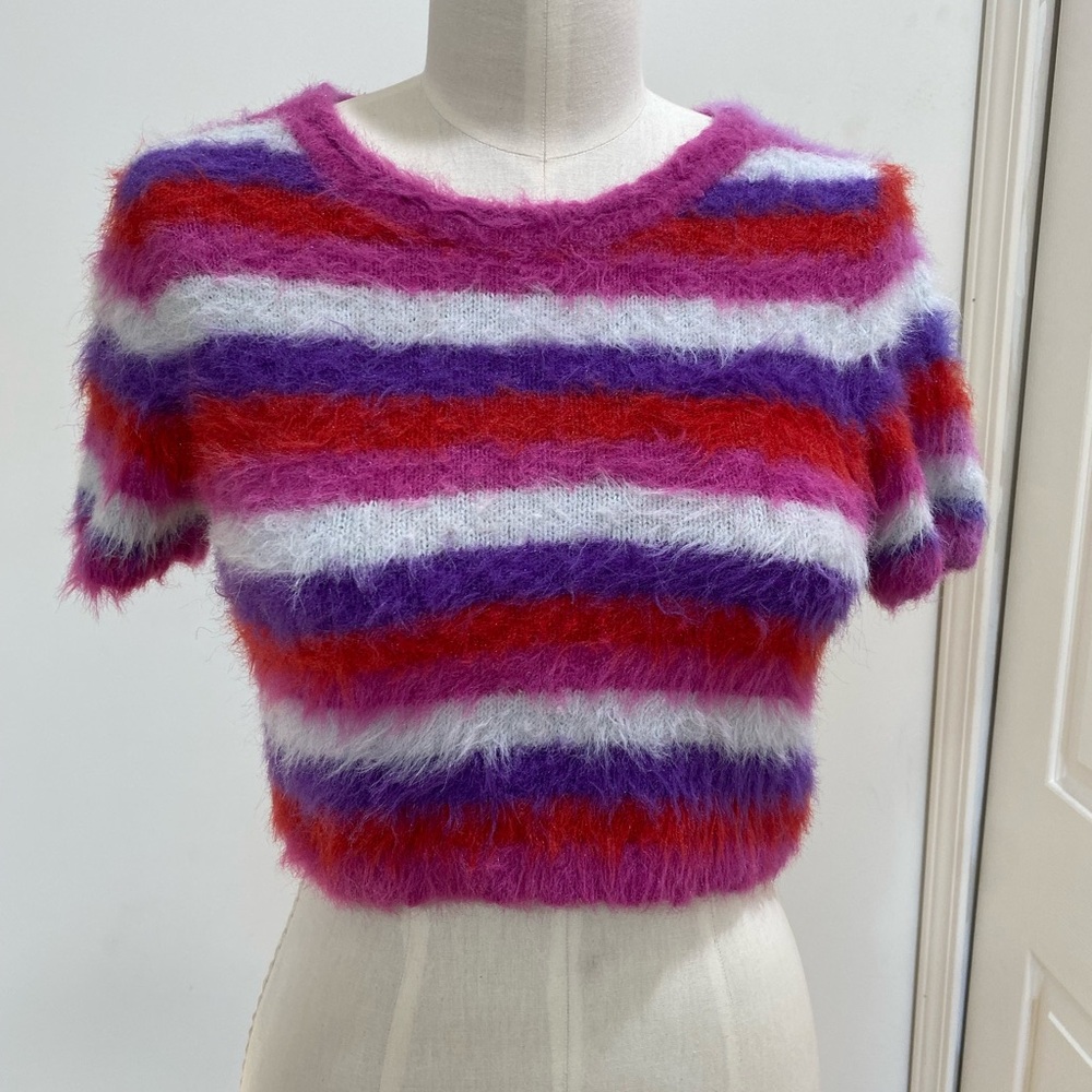 Urban Outfitters Kimchi Blue Fuzzy Striped Crop Top Size Large - Picture 8 of 9